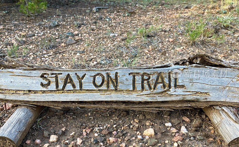 荒野中写着“STAY ON TRAIL”的木牌